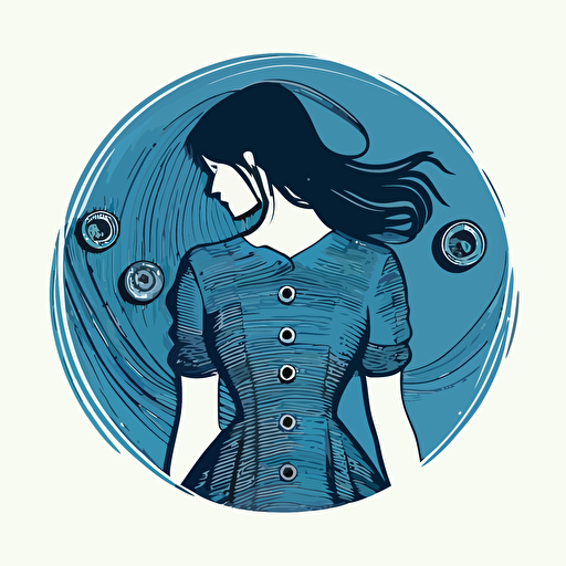 simple logo circular thread and buttons with backside of a brunette wearing a blue dress in the middle. Vector. Artistic. Boutique.