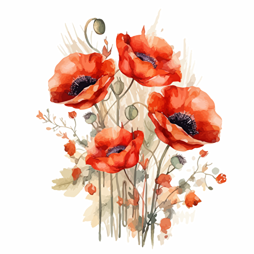 watercolor vector illustration boho line poppies sticker white background
