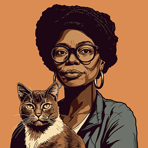 vector art style, 52 year old black female, thick rim glasses, holding a cat, in the style of Michael Parks