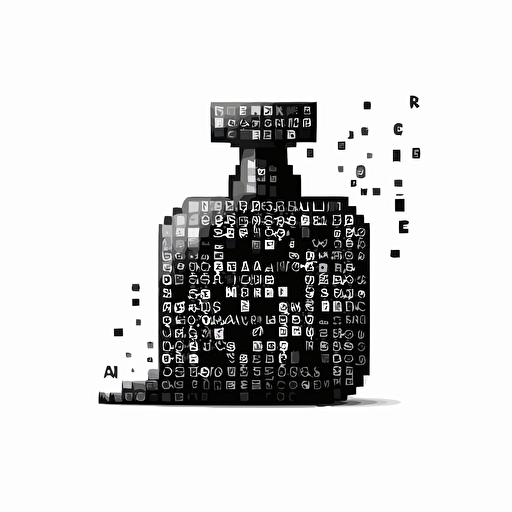 a futuristic pixel iconic logo of a a fragrance bottle made of different alphabets, black vector on white background.