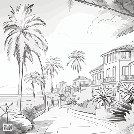 Children coloring pages, June, 80°F, West Coast, suburban, sunny, with towering palm trees swaying in the hot breeze and the ocean sparkling in the distance. Houses with tile roofs and gardens line the peaceful streets., ar 1:1, vector, black and white, outline only, white background, illustration