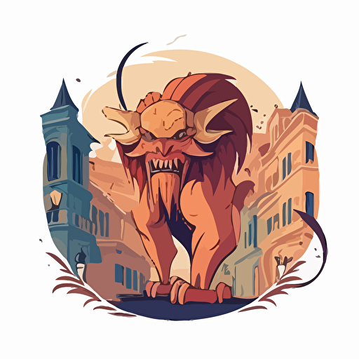 funny manticore in the bad part of the city, vector logo, vector art, emblem, simple cartoon, 2d, no text, white background
