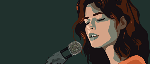A girl speaking in front of a microphone, muted colors, 2d vector illustration with a grey background