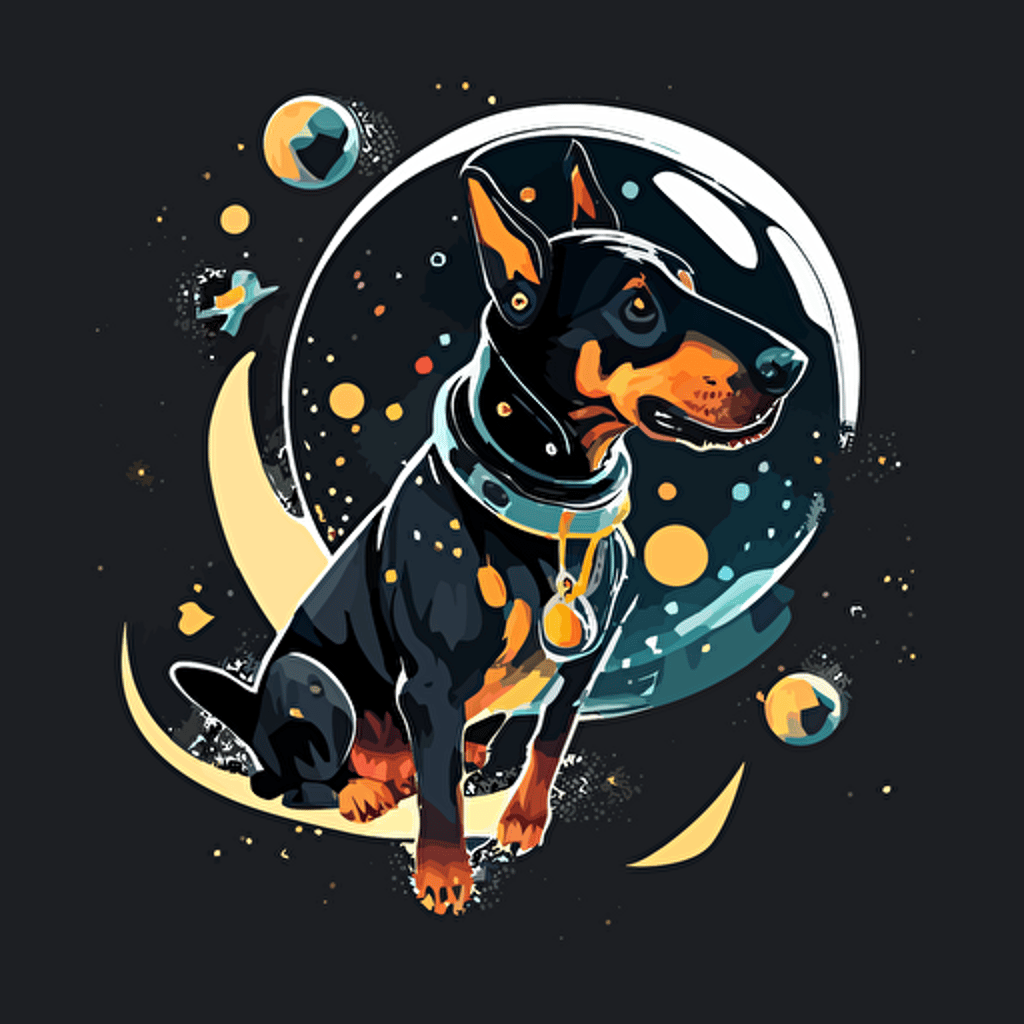 Vector illustration of doberman in spacesuits, the dog wearing a transparent sphere on his head, a dog in a spacesuit is also floating near spaceship , The background includes stars and spacecraft in space,This design conveys the mysterious and fascinating world of outer space while also incorporating the cuteness of a dog, resulting in a unique and captivating design, no flame,