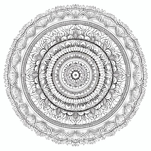 black and white line-art, colouring book, mandala of geometric patterns, vector-art, intricate detail