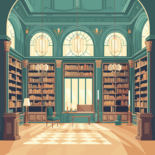 Flat vector illustration of an old library hall