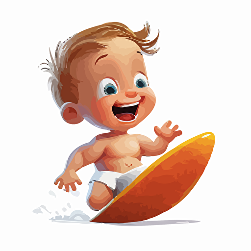 A gorgeus baby surfer, smiling, white background, vector art , pixar style