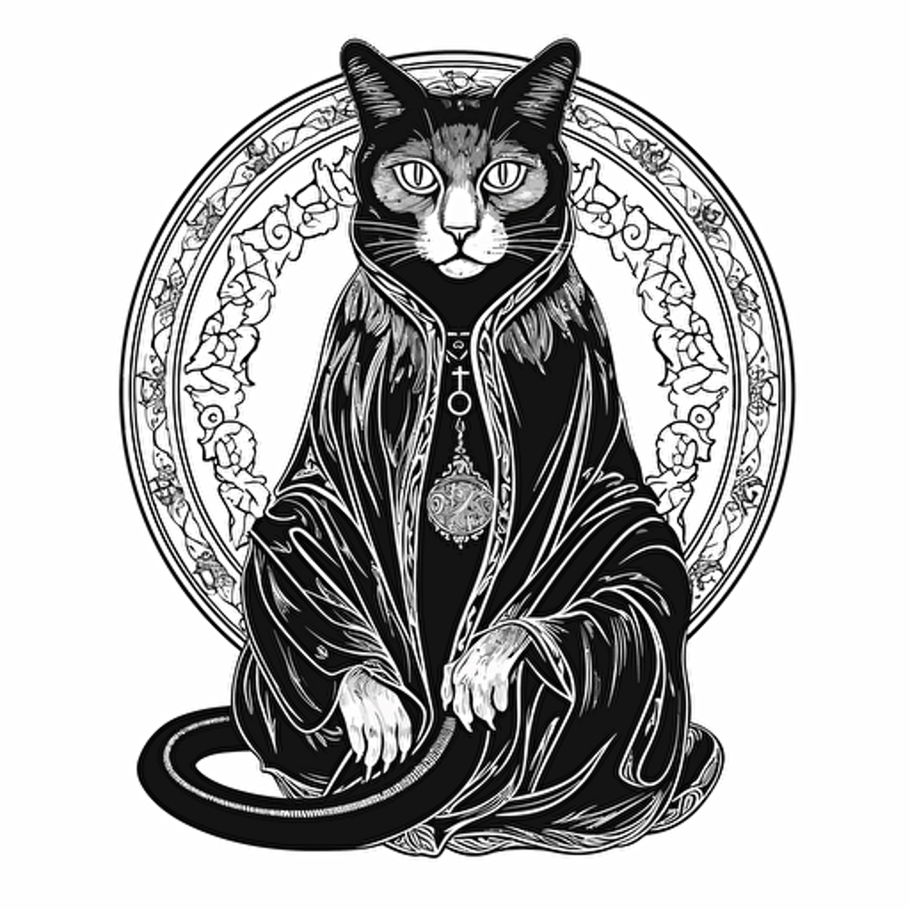 Hans Memling style illustration vector of horror cat, no color, no shading, black and white, white background