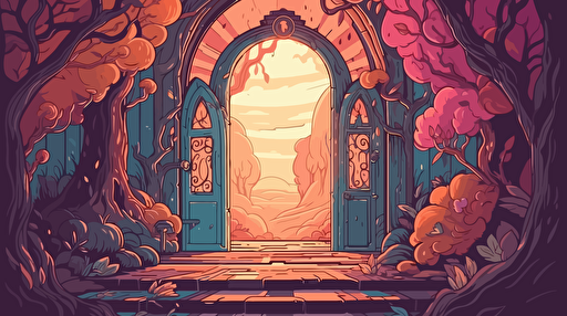 Cozy fantasy illustration. Two large curved portal doorways touching at angle, situated in the middle of the frame, with both doorways leading to other worlds. The left door opening to a town with creatures. The right opening to colorful wildlands, with leaves blowing through the doorway. Vector illustration. 2D hand drawn cartoon animation style with bright colors.
