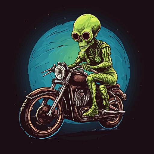 Roswell Alien riding a harley-davidson style motorcycle, vector art, flat vibrant separated colors,