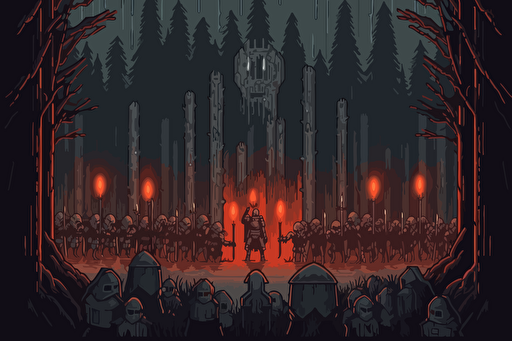 Dark fantasy retro cover art of medieval troops with torches surrounded by red glowing eyes in the dark, close up view of the troops, worried facial expressions, spiderwebs, horror, diablo, gloomy, atmospheric, fog, dark pinetrees, retro game, vector style, pixel art.