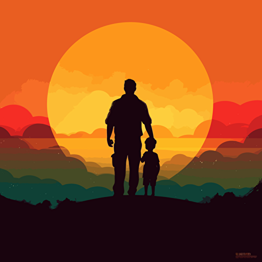 vector art, silouhette, a dad giving a child a piggy ride, as they look at the sunset. perspective from the back, fun colors and kid friendly vibes