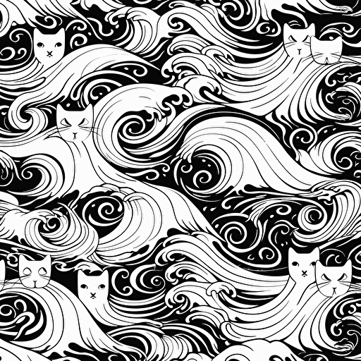cats and waves pattern, symmetrical, black and white, vector