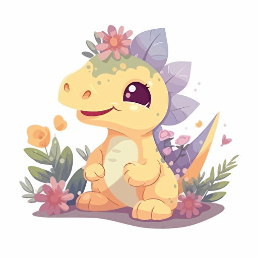 cute dinosaur with flowers, detailed, cartoon style, 2d clipart vector, creative and imaginative, hd, white background