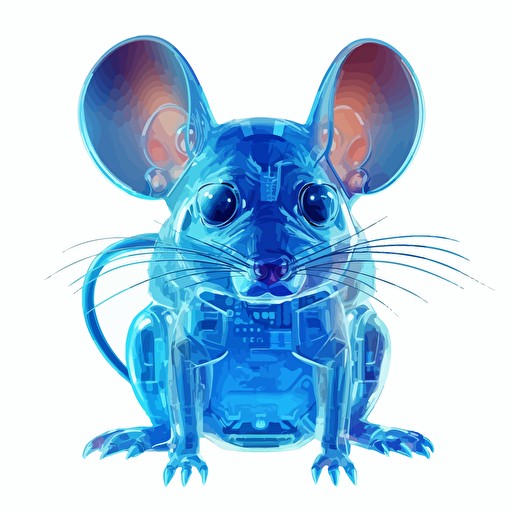 a laboratory mouse vector art, the mouse is made from transparent gel. the brain of the mouse is exposed and visible in the head of the mouse and the brain is blue