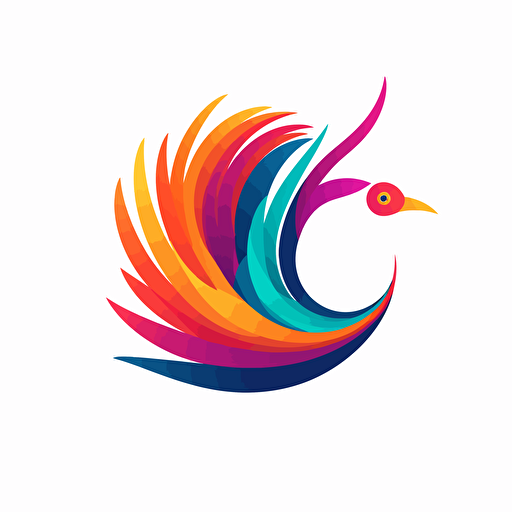 create a logo on white background of a very reduced, abstract and colourful, flying bird of paradise from Papua New Guinea in flat vector art style