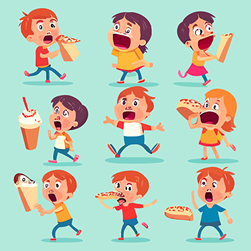 fast food, multiple poses and expressions ,children's book illustration style, simple, full color, flat color,vector