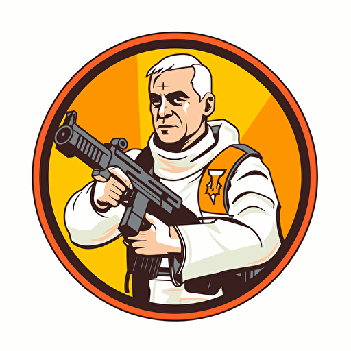 2D vector icon. Pope with a machine gun. Arsenal FC color theme. circle shape. White background