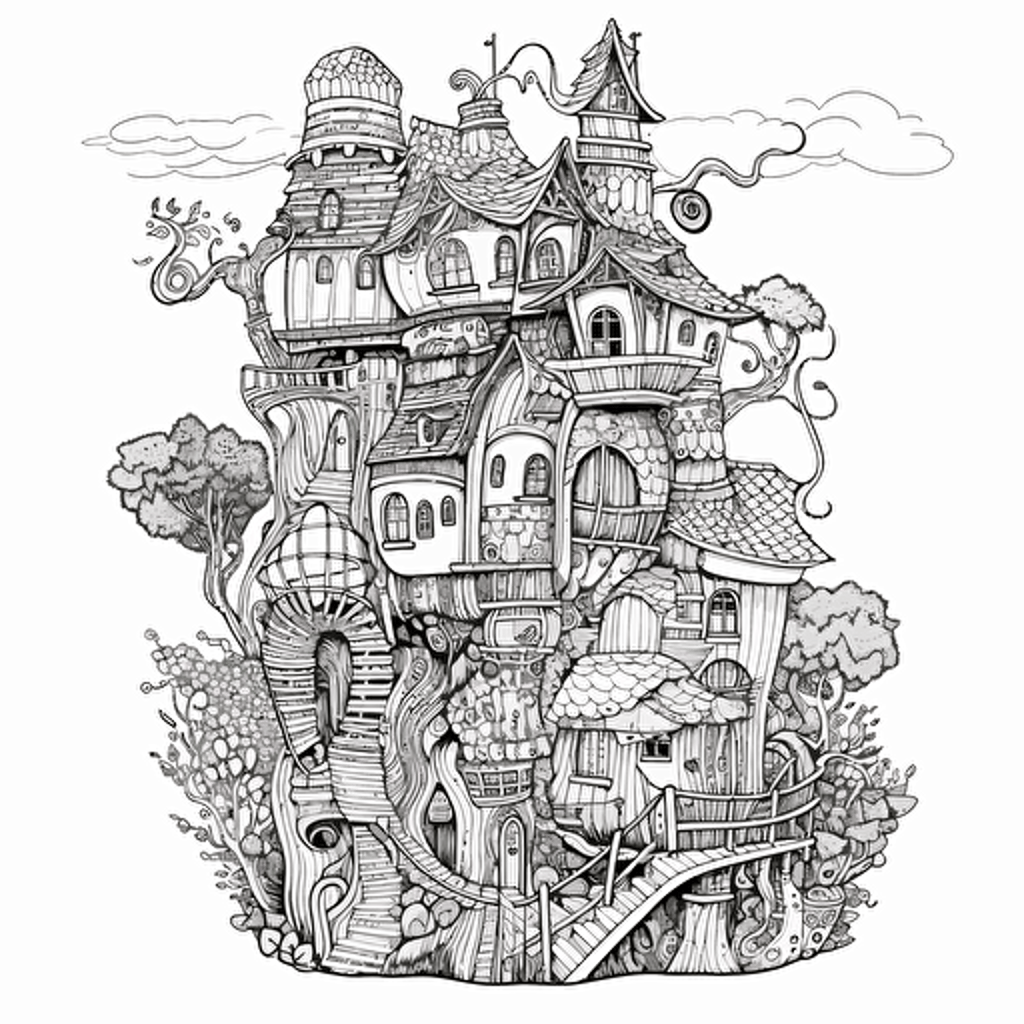 tall whimsical zentangle black and white medieval hobbit house, in flat 2d vector style, no perspective 4d91006c-2d9f-4a11-be13-7dac0aa6d6a6