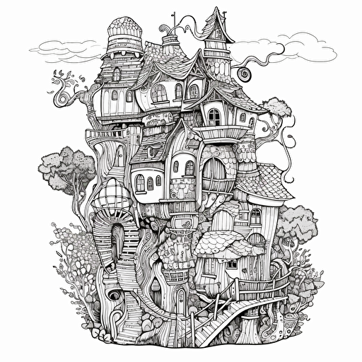 tall whimsical zentangle black and white medieval hobbit house, in flat 2d vector style, no perspective 4d91006c-2d9f-4a11-be13-7dac0aa6d6a6