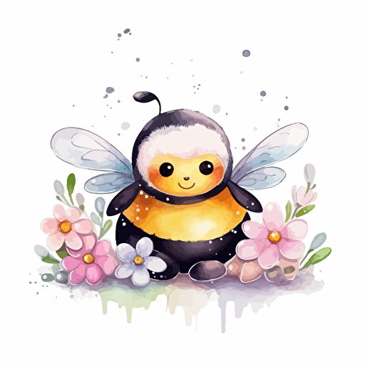 cute bumblebee, flowers, detailed, cartoon style, 2d watercolor clipart vector, creative and imaginative, hd, white background