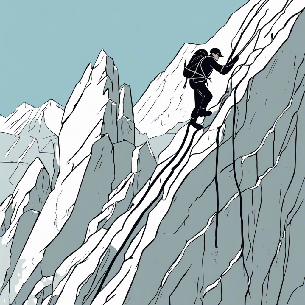 A mountaineer climbing an icy cliff., illustration in the style of Matt Blease, illustration, flat, simple, vector
