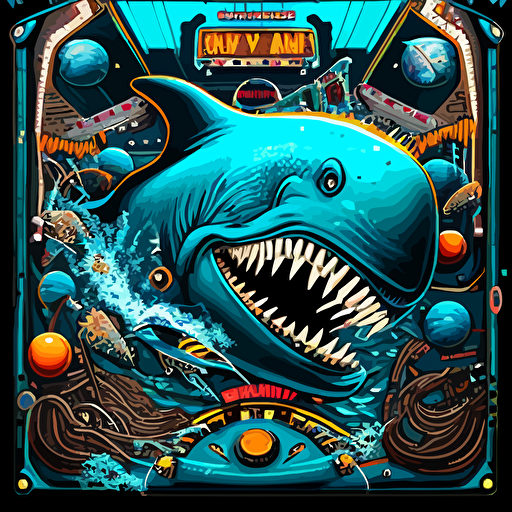 1990 pinball playfield art, a gorilla and a shark fighting, vector style