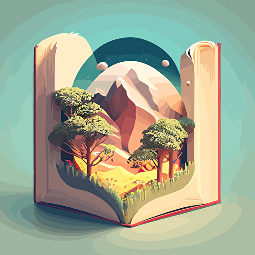 a dream-like landscape growing out of a book, illustration style, low angle, flat art, vector