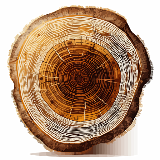 vector drawing of a cut tree trunk life rings in high resolution in brown, white and gold colors