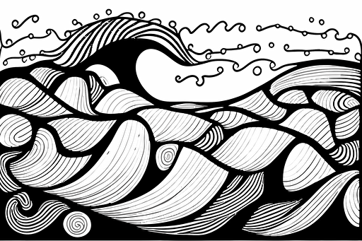 Svg vector drawing, doodle style, SIMPLE sharp artwork, waves, by Karla Gerard, black thick outline on white minimalist