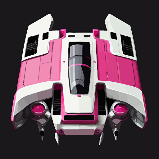 Hot pink and white space ship on black background, top-down view, clean, simple, no shadows, vector
