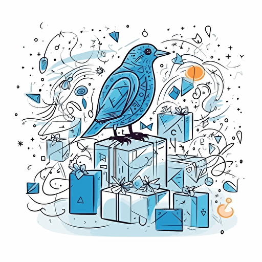 vector doodle minimalist, thinking computer ai, within background contains giftboxes and blue birds