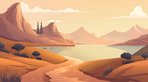 multiple walking paths leading to the horizon in a landscape with a mountain and a lake. vector illustration.