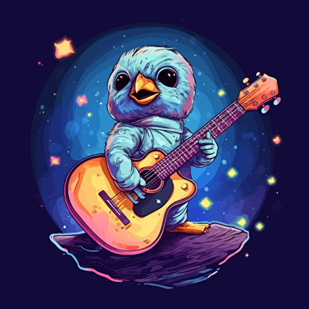 cute bird in outer space playing a guitar, 2d vector styloe