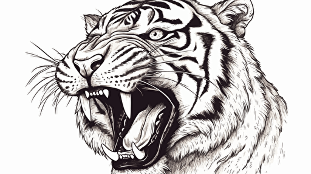 roaring bengal tiger maskot, minimalistic vector line drawing, black ink on white background
