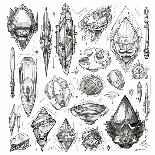 art journal pages, pen and ink, Collection of futuristic cut jewels, cyber punk, translucent, shiny object, high detail, symmetrical, vector, sketch, white background