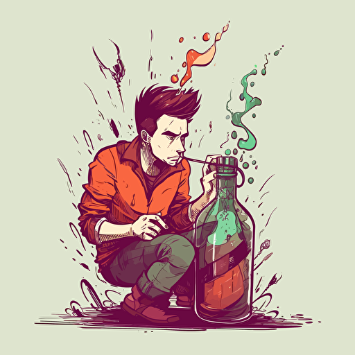 vector,crazy depressed guy drinking a potion to get higher