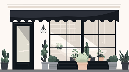 a simple and modern succulents shop facade , white wall, black window frame, flat color, vector illustration, for blog thumbnail image, simple, white background