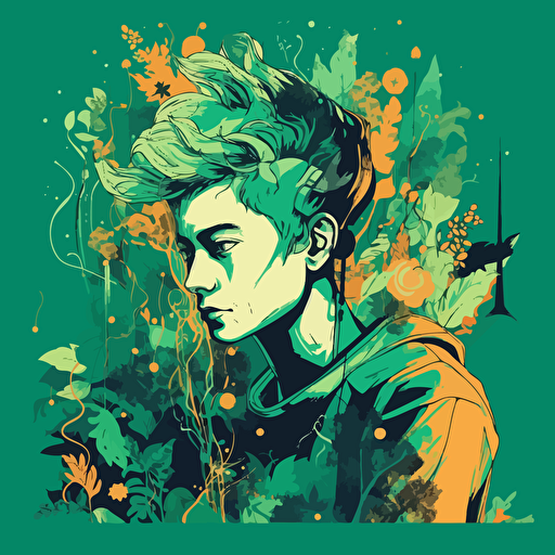 vector illustration of young man with a computer face and wild green garden hair, in vivid colors