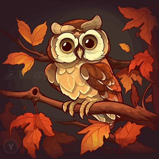 A delightful cartoon owl on a branch, showcasing a wide-eyed and curious owl perched on a branch with leaves, Artwork, vector illustration,