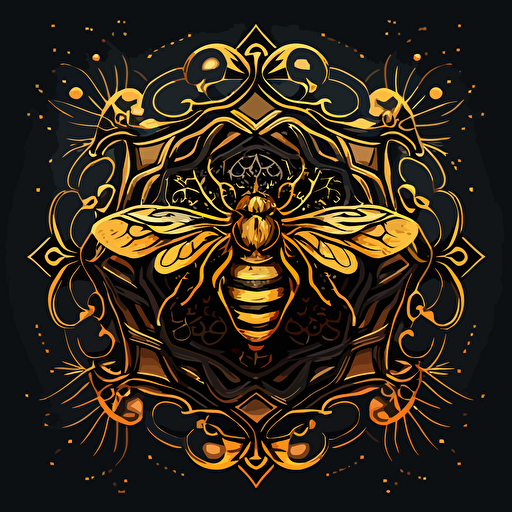 a vector logo of an elegant golden honeybee surrounded in tribal mandala