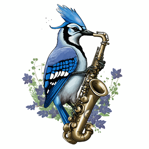 blue jay playing a saxaphone in the style of vector art 2D illustraion clip art.