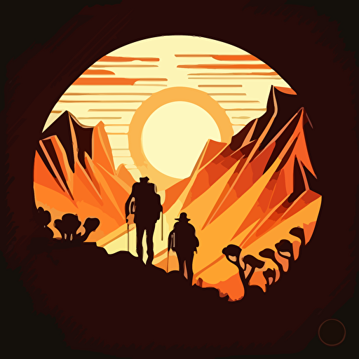 vector illustration. Giant sun setting behind mountain. Silhouettes and sun rays. Two small people wearing hiking great, in the foreground