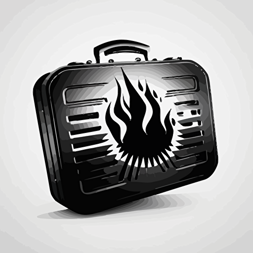 Retro futuristic iconic logo of burning briefcase, black vector, on white background.