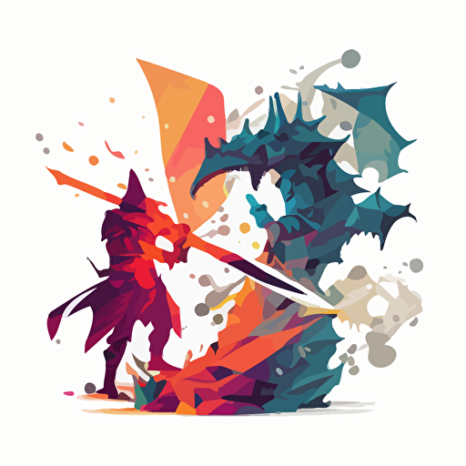 a knight and a wizard fighting a dragon, double exposure, vector style, simple colors white background