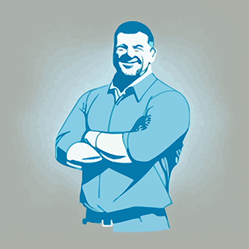 silhoette of professional gaffer, facing camera, arms crossed, smiling, sleeves rolled up, blue color, gray background, simple design, vector style, white outline over silhouette