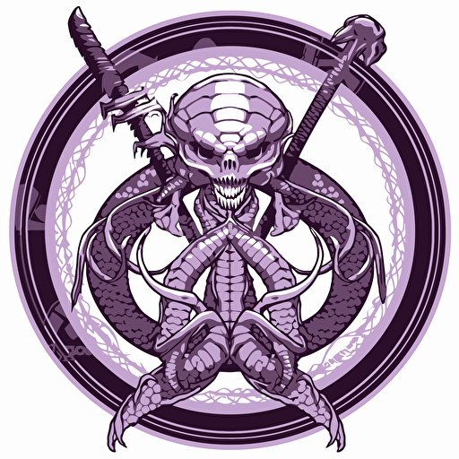 three-headed hydra sticker, vector art, single clean sword center, white background, purple tones, no image noise, hyper detailed, maximum detail