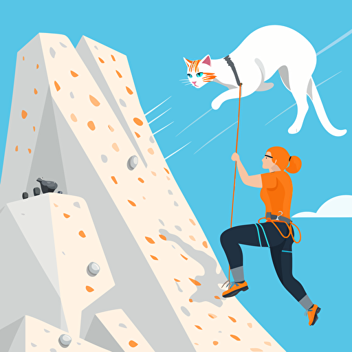 An cat that American Shorthair with orange stripes on a white background and a horse that sky-blue furred with white skin climbing in artificial climbing wall, bright sunny day, cheering crowd below, Vector illustration with a clean, modern style, created using Adobe Illustrator, 1:1 ratio,