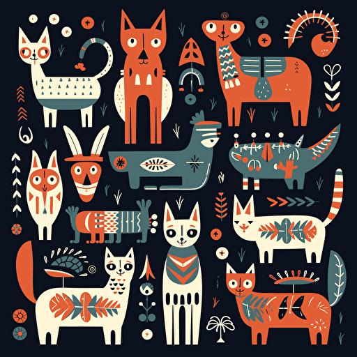 folk art animals in flat vector style