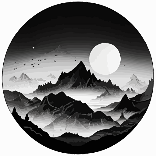 fantastical mountain range drawing, monotone, single layer, no shadows, #000000, 700mm diameter perfect circle, black outer border, vector art